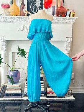 VTG 70s Turquoise Mexican Cotton Gauze + Crochet Sexy Strapless Romper/Jumpsuit